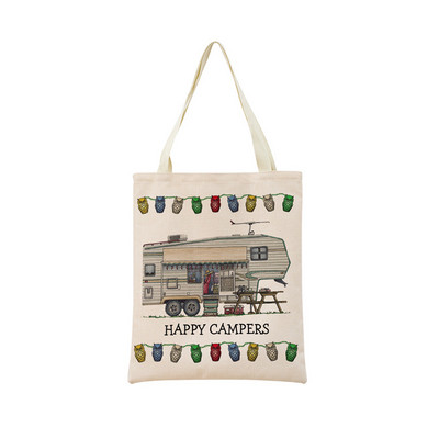 Cartoon Happy Camper Car Пазарна чанта с двустранен печат Екологична сгъваема дамска чанта Студентска външна чанта 2 размера
