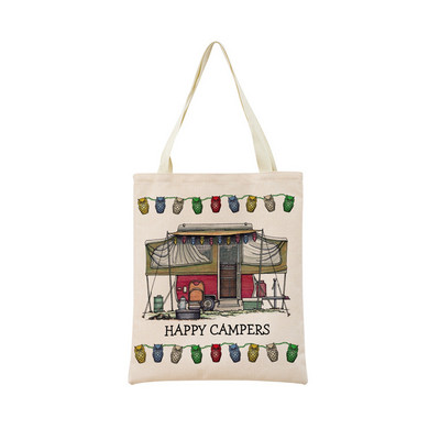 Cartoon Happy Camper Car Пазарна чанта с двустранен печат Екологична сгъваема дамска чанта Студентска външна чанта 2 размера