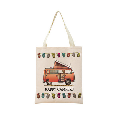 Cartoon Happy Camper Car Пазарна чанта с двустранен печат Екологична сгъваема дамска чанта Студентска външна чанта 2 размера