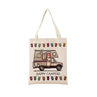 Cartoon Happy Camper Car Пазарна чанта с двустранен печат Екологична сгъваема дамска чанта Студентска външна чанта 2 размера