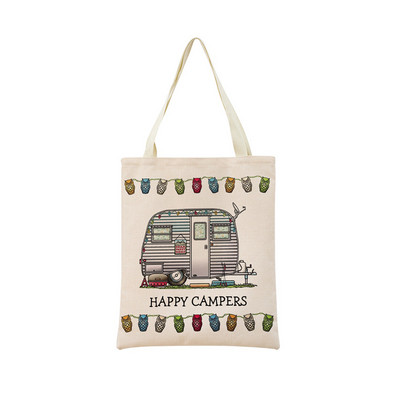 Cartoon Happy Camper Car Пазарна чанта с двустранен печат Екологична сгъваема дамска чанта Студентска външна чанта 2 размера