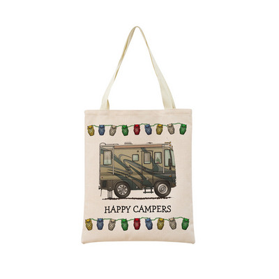 Cartoon Happy Camper Car Пазарна чанта с двустранен печат Екологична сгъваема дамска чанта Студентска външна чанта 2 размера