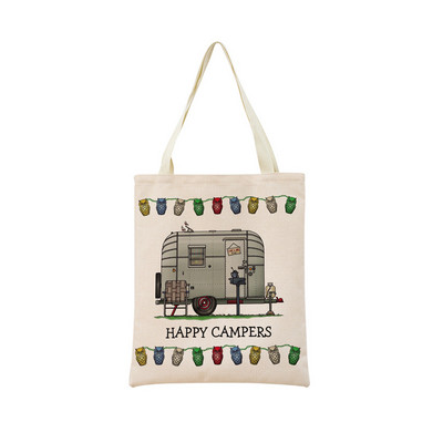 Cartoon Happy Camper Car Пазарна чанта с двустранен печат Екологична сгъваема дамска чанта Студентска външна чанта 2 размера