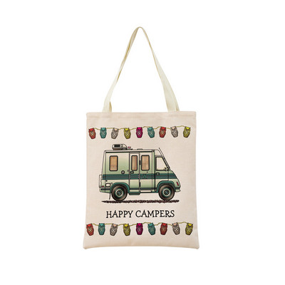 Cartoon Happy Camper Car Пазарна чанта с двустранен печат Екологична сгъваема дамска чанта Студентска външна чанта 2 размера