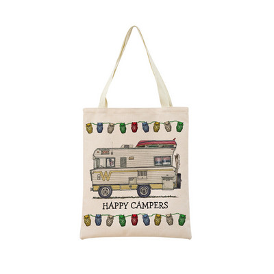 Cartoon Happy Camper Car Пазарна чанта с двустранен печат Екологична сгъваема дамска чанта Студентска външна чанта 2 размера