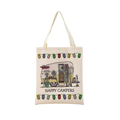 Cartoon Happy Camper Car Пазарна чанта с двустранен печат Екологична сгъваема дамска чанта Студентска външна чанта 2 размера