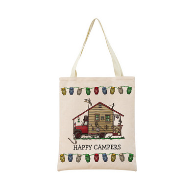 Cartoon Happy Camper Car Пазарна чанта с двустранен печат Екологична сгъваема дамска чанта Студентска външна чанта 2 размера