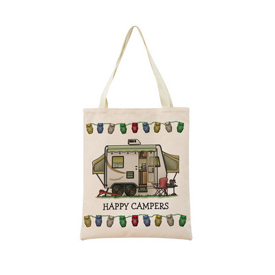 Cartoon Happy Camper Car Пазарна чанта с двустранен печат Екологична сгъваема дамска чанта Студентска външна чанта 2 размера