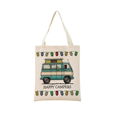 Cartoon Happy Camper Car Пазарна чанта с двустранен печат Екологична сгъваема дамска чанта Студентска външна чанта 2 размера