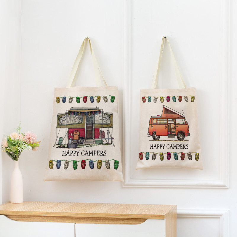 Cartoon Happy Camper Car Пазарна чанта с двустранен печат Екологична сгъваема дамска чанта Студентска външна чанта 2 размера
