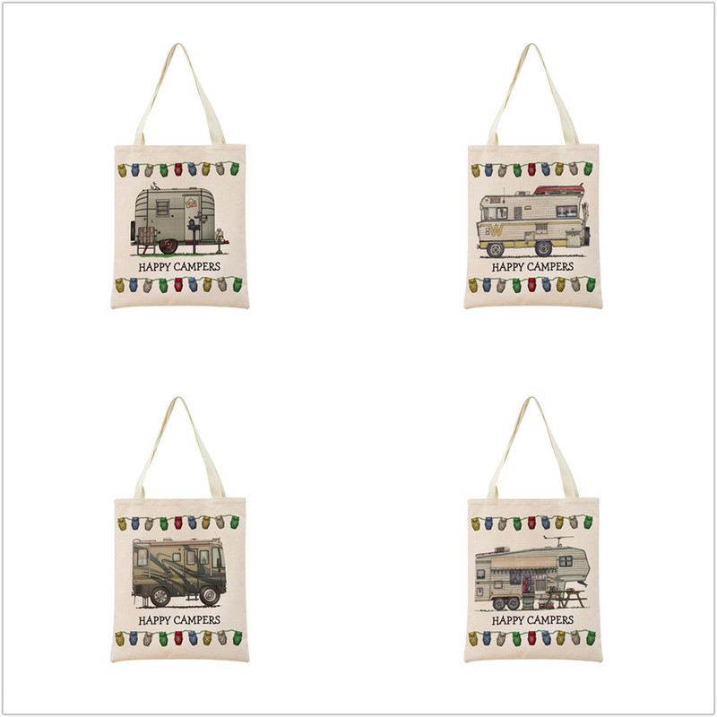 Cartoon Happy Camper Car Пазарна чанта с двустранен печат Екологична сгъваема дамска чанта Студентска външна чанта 2 размера