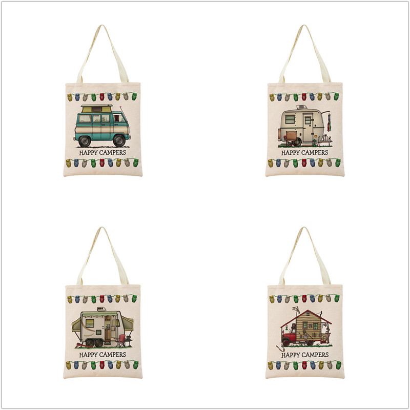 Cartoon Happy Camper Car Пазарна чанта с двустранен печат Екологична сгъваема дамска чанта Студентска външна чанта 2 размера