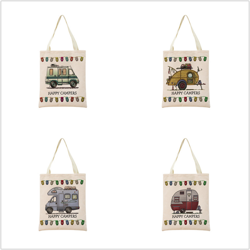 Cartoon Happy Camper Car Пазарна чанта с двустранен печат Екологична сгъваема дамска чанта Студентска външна чанта 2 размера