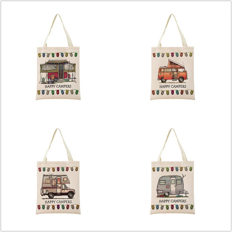 Cartoon Happy Camper Car Пазарна чанта с двустранен печат Екологична сгъваема дамска чанта Студентска външна чанта 2 размера