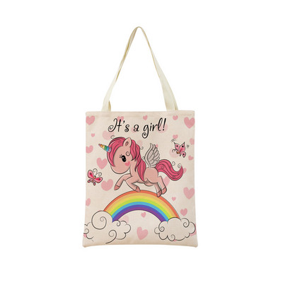 Сладък анимационен еднорог Пегас, ленена пазарска чанта Двустранна щампа с дизайн, сгъваема дамска чанта, преносима, удобна чанта за съхранение