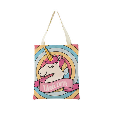Сладък анимационен еднорог Пегас, ленена пазарска чанта Двустранна щампа с дизайн, сгъваема дамска чанта, преносима, удобна чанта за съхранение