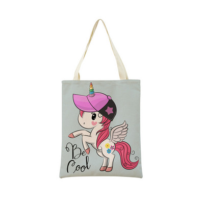Сладък анимационен еднорог Пегас, ленена пазарска чанта Двустранна щампа с дизайн, сгъваема дамска чанта, преносима, удобна чанта за съхранение
