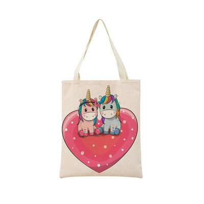 Сладък анимационен еднорог Пегас, ленена пазарска чанта Двустранна щампа с дизайн, сгъваема дамска чанта, преносима, удобна чанта за съхранение