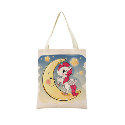 Сладък анимационен еднорог Пегас, ленена пазарска чанта Двустранна щампа с дизайн, сгъваема дамска чанта, преносима, удобна чанта за съхранение