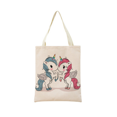 Сладък анимационен еднорог Пегас, ленена пазарска чанта Двустранна щампа с дизайн, сгъваема дамска чанта, преносима, удобна чанта за съхранение