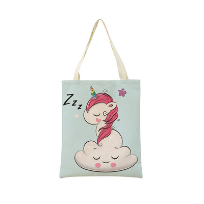 Сладък анимационен еднорог Пегас, ленена пазарска чанта Двустранна щампа с дизайн, сгъваема дамска чанта, преносима, удобна чанта за съхранение