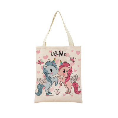 Сладък анимационен еднорог Пегас, ленена пазарска чанта Двустранна щампа с дизайн, сгъваема дамска чанта, преносима, удобна чанта за съхранение
