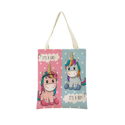 Сладък анимационен еднорог Пегас, ленена пазарска чанта Двустранна щампа с дизайн, сгъваема дамска чанта, преносима, удобна чанта за съхранение