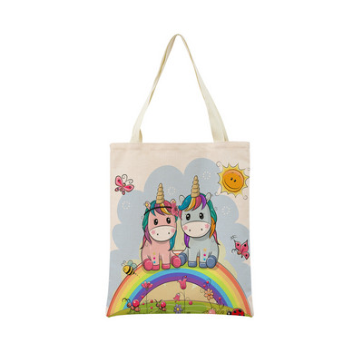 Сладък анимационен еднорог Пегас, ленена пазарска чанта Двустранна щампа с дизайн, сгъваема дамска чанта, преносима, удобна чанта за съхранение