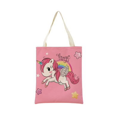 Сладък анимационен еднорог Пегас, ленена пазарска чанта Двустранна щампа с дизайн, сгъваема дамска чанта, преносима, удобна чанта за съхранение