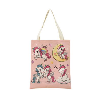 Сладък анимационен еднорог Пегас, ленена пазарска чанта Двустранна щампа с дизайн, сгъваема дамска чанта, преносима, удобна чанта за съхранение