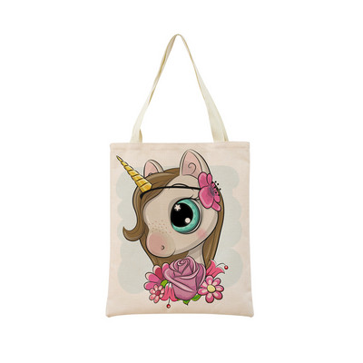 Сладък анимационен еднорог Пегас, ленена пазарска чанта Двустранна щампа с дизайн, сгъваема дамска чанта, преносима, удобна чанта за съхранение