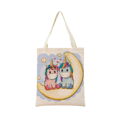 Сладък анимационен еднорог Пегас, ленена пазарска чанта Двустранна щампа с дизайн, сгъваема дамска чанта, преносима, удобна чанта за съхранение