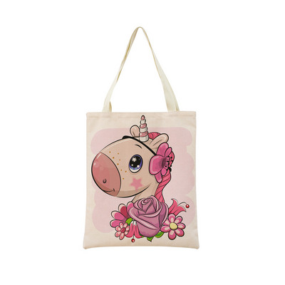 Сладък анимационен еднорог Пегас, ленена пазарска чанта Двустранна щампа с дизайн, сгъваема дамска чанта, преносима, удобна чанта за съхранение