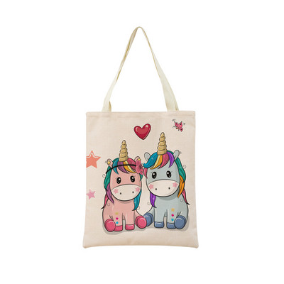 Сладък анимационен еднорог Пегас, ленена пазарска чанта Двустранна щампа с дизайн, сгъваема дамска чанта, преносима, удобна чанта за съхранение
