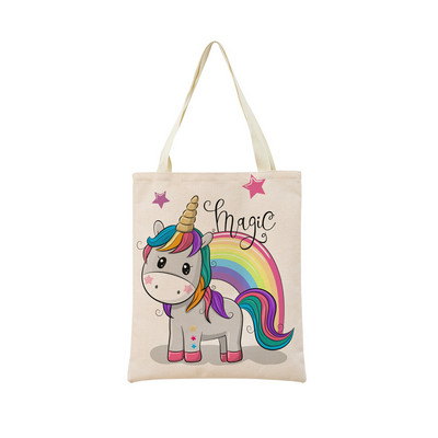 Сладък анимационен еднорог Пегас, ленена пазарска чанта Двустранна щампа с дизайн, сгъваема дамска чанта, преносима, удобна чанта за съхранение