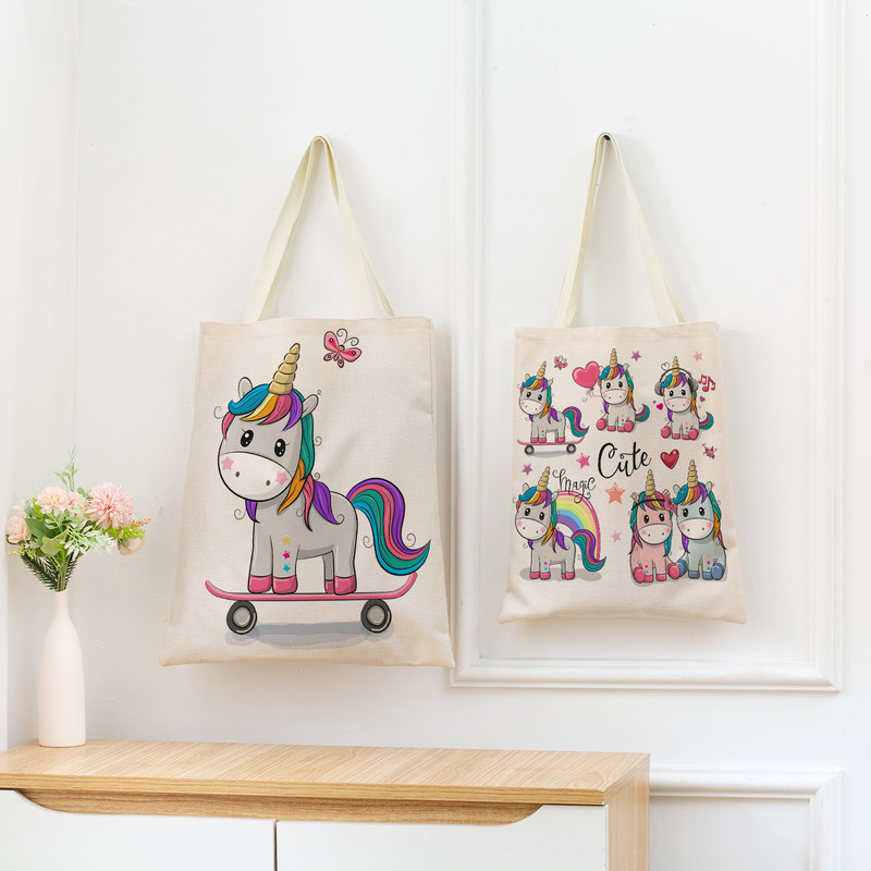 Сладък анимационен еднорог Пегас, ленена пазарска чанта Двустранна щампа с дизайн, сгъваема дамска чанта, преносима, удобна чанта за съхранение