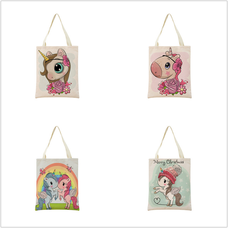 Сладък анимационен еднорог Пегас, ленена пазарска чанта Двустранна щампа с дизайн, сгъваема дамска чанта, преносима, удобна чанта за съхранение