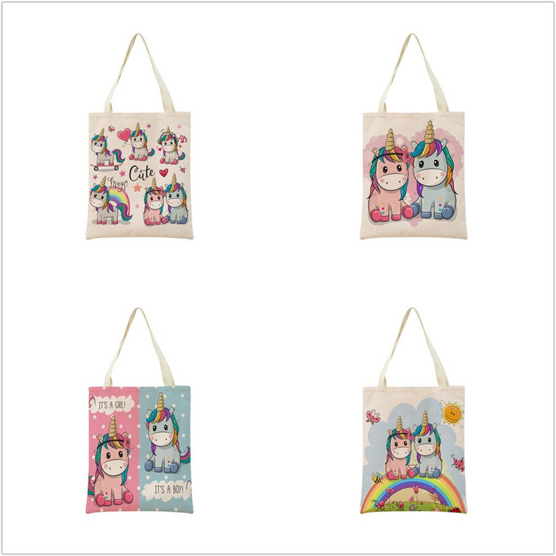 Сладък анимационен еднорог Пегас, ленена пазарска чанта Двустранна щампа с дизайн, сгъваема дамска чанта, преносима, удобна чанта за съхранение