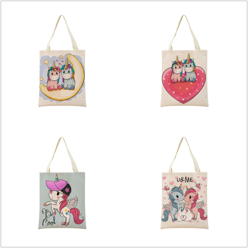 Сладък анимационен еднорог Пегас, ленена пазарска чанта Двустранна щампа с дизайн, сгъваема дамска чанта, преносима, удобна чанта за съхранение