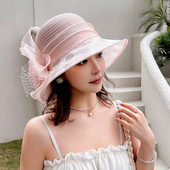Нова мода Ladies Fascinators Millinery Church Hat Elegant Bow Wide Brim Bucket Hats Fedora Дамска лятна сгъваема шапка за слънце Подарък