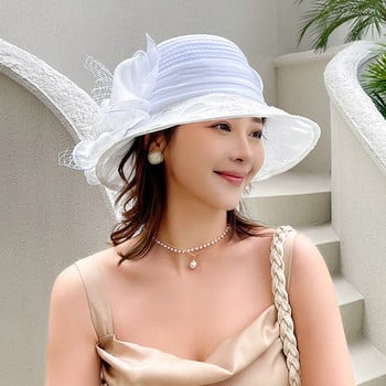 New Fashion Ladies Fascinators Millinery καπέλο εκκλησίας Κομψό φιόγκο με φαρδύ γείσο Καπέλα με κάδο Fedora Γυναικεία καλοκαιρινό πτυσσόμενο καπέλο για τον ήλιο