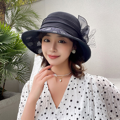 Нова мода Ladies Fascinators Millinery Church Hat Elegant Bow Wide Brim Bucket Hats Fedora Дамска лятна сгъваема шапка за слънце Подарък