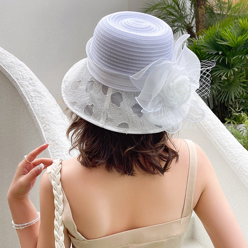 Нова мода Ladies Fascinators Millinery Church Hat Elegant Bow Wide Brim Bucket Hats Fedora Дамска лятна сгъваема шапка за слънце Подарък