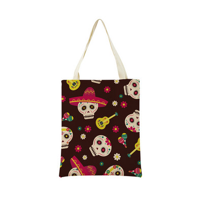 Mexico Day Of The Dead Пазарска чанта Dia De Muertos Двустранно отпечатан череп Сгъваема ръчна чанта Преносима удобна чантичка за съхранение