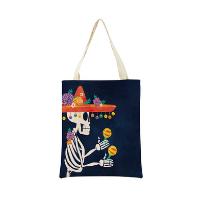 Mexico Day Of The Dead Пазарска чанта Dia De Muertos Двустранно отпечатан череп Сгъваема ръчна чанта Преносима удобна чантичка за съхранение