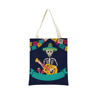 Mexico Day Of The Dead Пазарска чанта Dia De Muertos Двустранно отпечатан череп Сгъваема ръчна чанта Преносима удобна чантичка за съхранение