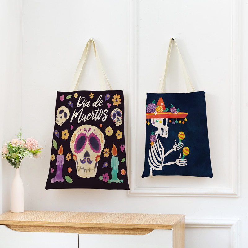 Mexico Day Of The Dead Пазарска чанта Dia De Muertos Двустранно отпечатан череп Сгъваема ръчна чанта Преносима удобна чантичка за съхранение