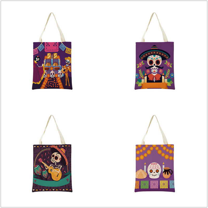 Mexico Day Of The Dead Пазарска чанта Dia De Muertos Двустранно отпечатан череп Сгъваема ръчна чанта Преносима удобна чантичка за съхранение