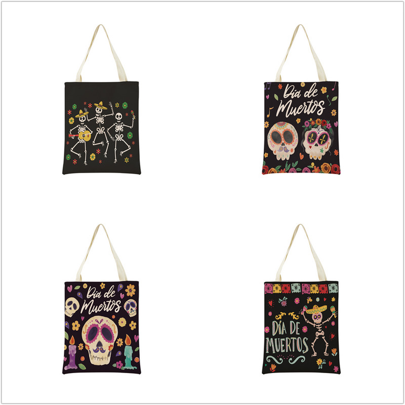 Mexico Day Of The Dead Пазарска чанта Dia De Muertos Двустранно отпечатан череп Сгъваема ръчна чанта Преносима удобна чантичка за съхранение