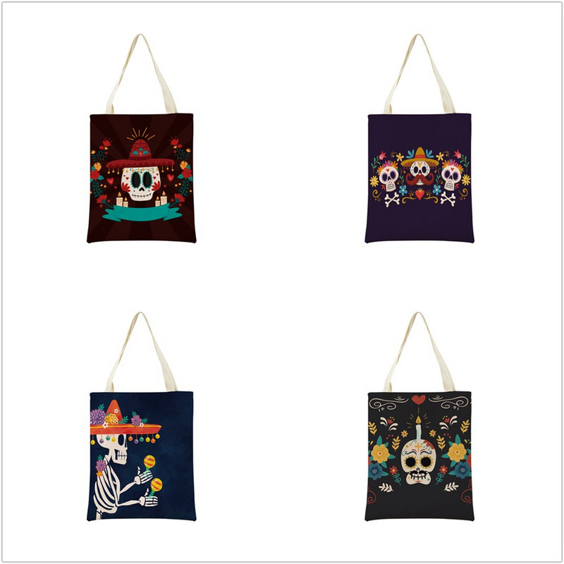 Mexico Day Of The Dead Пазарска чанта Dia De Muertos Двустранно отпечатан череп Сгъваема ръчна чанта Преносима удобна чантичка за съхранение